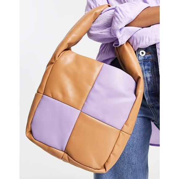 Mango Carol Brown and Purple Block Printed Shoulder Bag - Picture 1 of 8